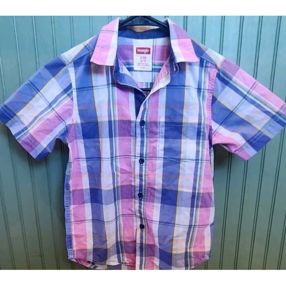 Wrangler Boys Button Up‎ Shirt Size S 6-7 Blue Pink White Short Sleeve NWOT
